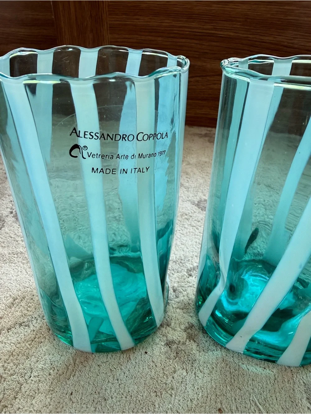 New Set of 4 Alessandro Coppola Aqua green Striped Glasses.  Murano